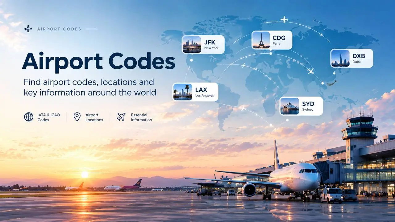 Airport codes graphic with JFK, CDG, LAX, SYD and DXB on a world map
